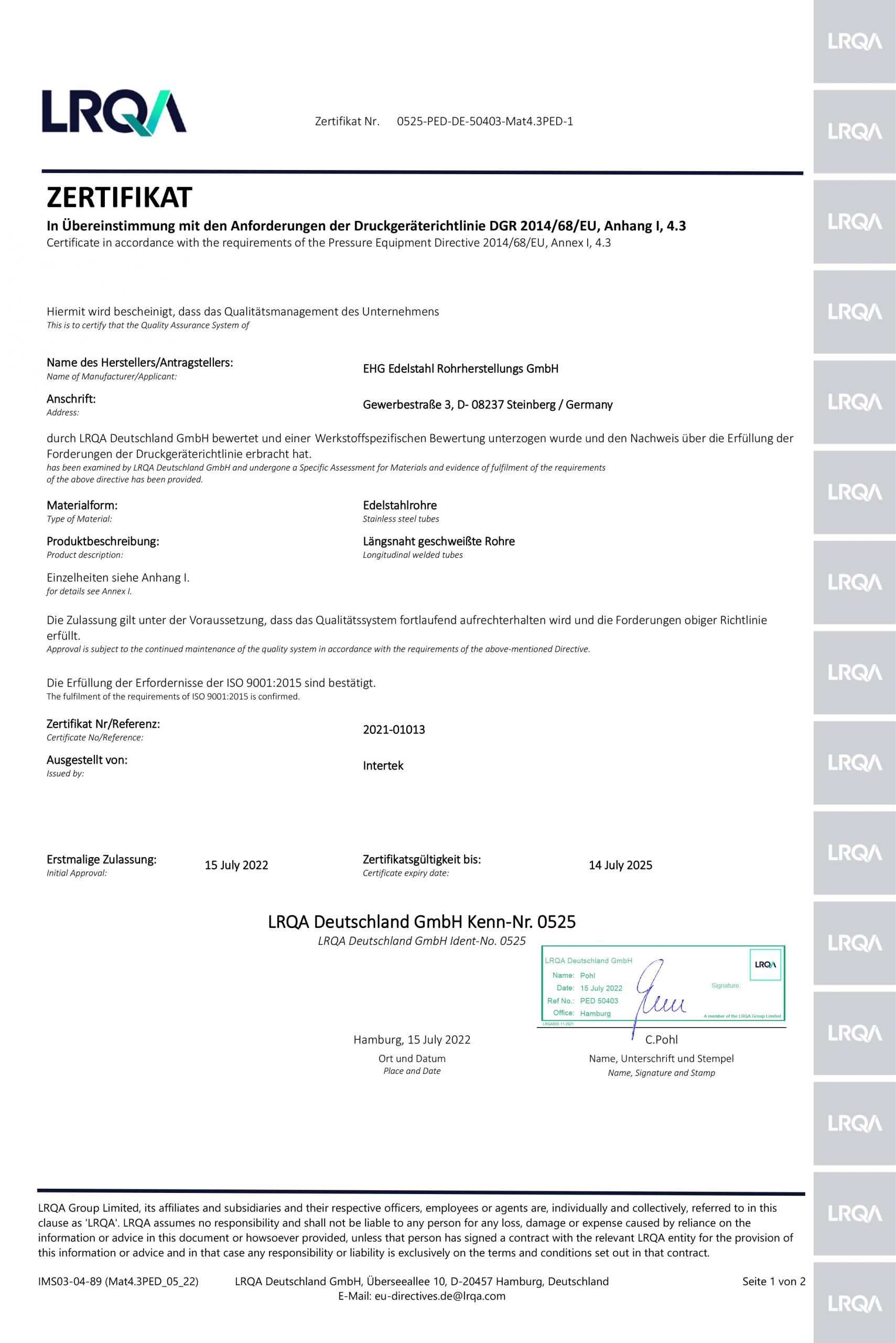 Zertifikat / Certificate - PED Annex I, 4.3